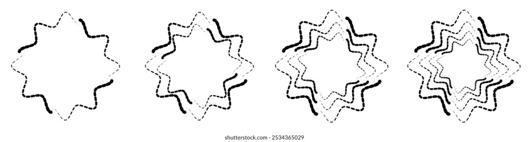 Abstractas diseño geométrico en forma de círculo con líneas en espiral. Conjunto de cuatro Formas de estrella de línea ondulada y punteada abstracta negra