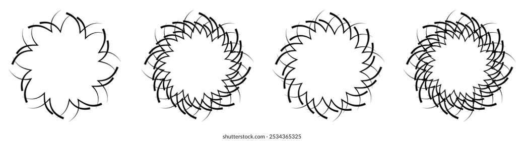 Abstract geometric design in circle shape with spiral lines. Radial rotating shape. Set of four geometric circular decorative frames forming a flower.