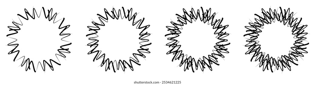 Abstract geometric design in circle shape with spiral lines. Radial rotating shape. Four black and white hand drawn scribble circles are forming a design element.