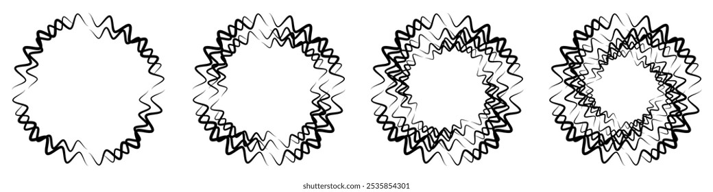 Abstractas diseño geométrico en forma de círculo con líneas en espiral. Forma giratoria radial. Conjunto de cuatro marcos circulares ondulados de línea dentada en blanco y negro.