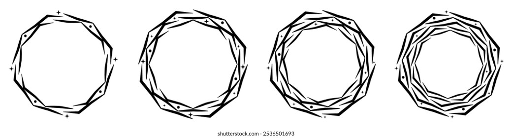 Abstract geometric design in circle shape with spiral lines. Radial rotating shape. Set of four geometric octagonal shaped frames with sparkling stars.