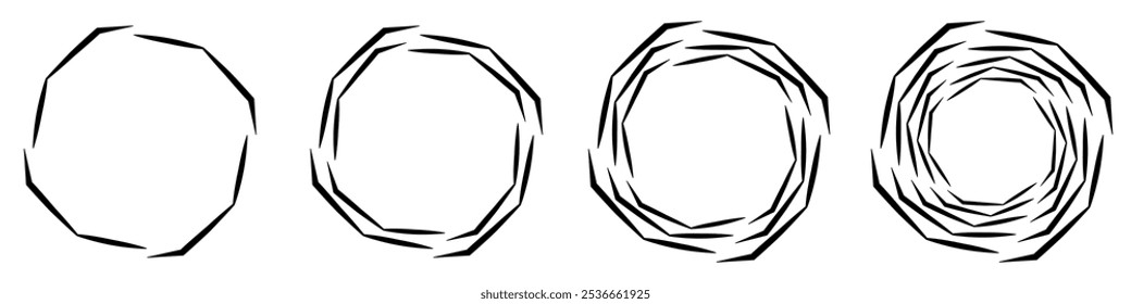 Abstract geometric design in circle shape with spiral lines. Series of four black concentric geometric shapes becoming increasingly complex from left to right