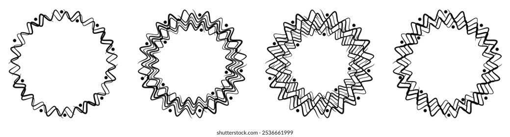 Abstract geometric design in circle shape with spiral lines. Radial rotating shape. Set of four round decorative borders featuring wavy lines and dots.