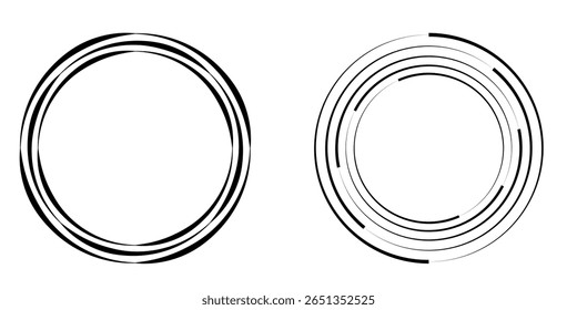Abstract geometric design in circle shape with spiral lines. Radial rotating shape. Set of circular spiral lines forming a swirling vortex symbol.
