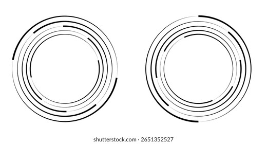 Abstract geometric design in circle shape with spiral lines. Radial rotating shape. Set of circular spiral lines forming a swirling vortex symbol.