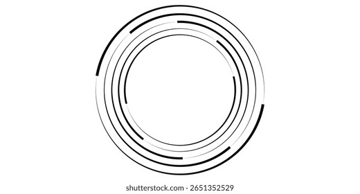 Abstract geometric design in circle shape with spiral lines. Radial rotating shape. Set of circular spiral lines forming a swirling vortex symbol.