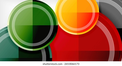 Projeto geométrico abstrato. Os círculos se sobrepõem, criando blocos de cores vibrantes. Estética moderna e limpa. Composição minimalista.