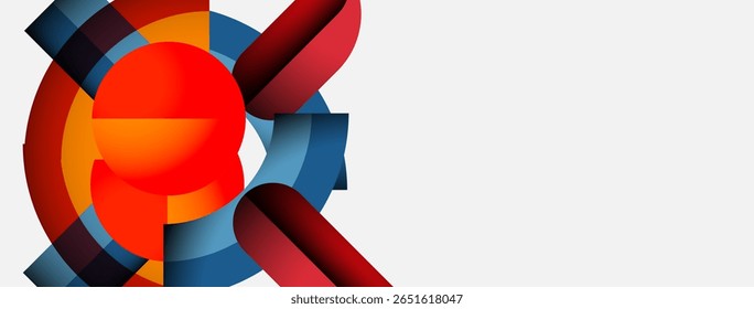 Projeto geométrico abstrato. Círculos e retângulos fazem interseção criando impacto visual dinâmico. Esfera vermelha domina a composição. Estética moderna e limpa.