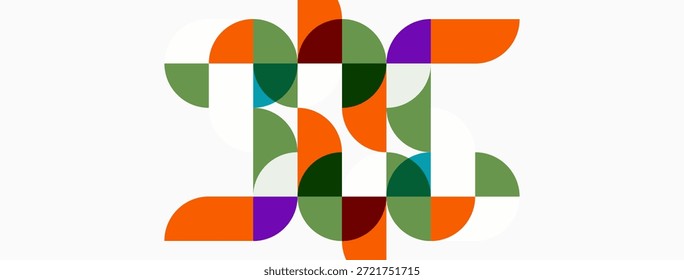 Abstract geometric design. Circles, semicircles create letterform. Orange, purple, green hues dominate composition. Modern aesthetic.