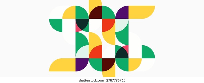 Abstract geometric design. Circles, semicircles create letterforms. Bright colors dominate composition, modern aesthetic.