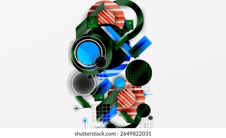 Projeto geométrico abstrato. Círculos, quadrados, linhas criam composição dinâmica. Tons vermelhos, azuis e verdes dominam o espaço visual. Estilo moderno.