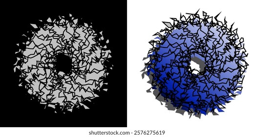 Abstract geometric design with circular pattern. Two circular shapes in grey and blue filled with jagged black lines. The contrast between the two sides creates a striking visual effect.