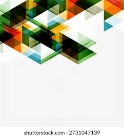 Abstract geometric design. Colorful triangles overlap, creating dynamic pattern. White space dominates bottom portion. Modern, clean aesthetic.