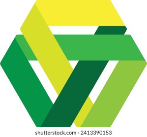 an abstract geometric design composed of interlocking ribbons in shades of green and yellow. The design resembles a hexagon or cube viewed from an angle. The ribbons create a complex, layered pattern 