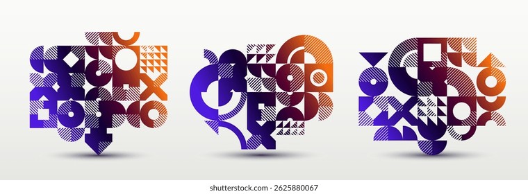Abstract geometric design composition set, vector art wallpaper or background, geometry rectangular and circles graphics, stylish pattern collection.