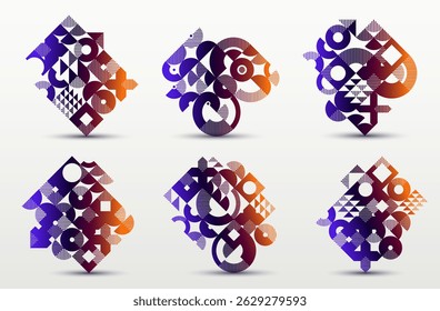 Abstract geometric design composition set, vector art wallpaper or background, geometry rectangular and circles graphics, stylish pattern collection.