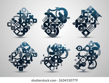 Abstract geometric design composition set, vector art wallpaper or background, geometry rectangular and circles graphics, stylish pattern collection.