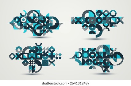Abstract geometric design composition set, vector art wallpaper or background, geometry rectangular and circles graphics, stylish pattern collection.