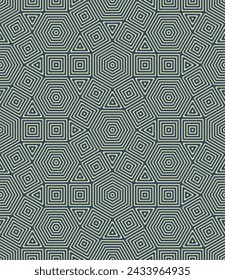 Diseño geométrico abstracto con cuadrados blancos concéntricos, hexágonos y triángulos sobre un fondo azul. Líneas finas. Estilo étnico moderno. Patrón de repetición sin fisuras.