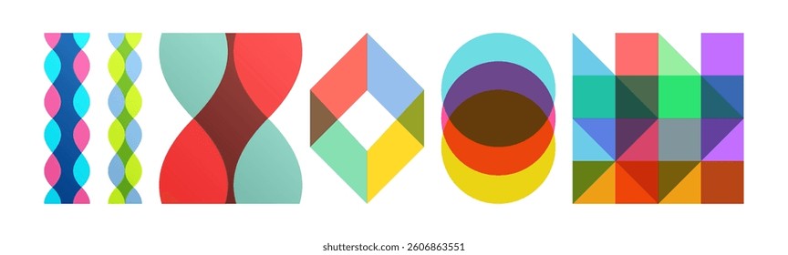 Abstract geometric design. Cube. Circle. Overlapping waves of different colours in vertical dynamics. Vector illustration for brochure, poster, flyer, cover or banner.