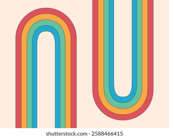 Abstract geometric design with curved rainbow-colored lines creating a retro-inspired composition. The bold, vibrant shapes form a minimal yet dynamic visual