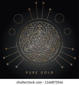 Abstract geometric design with dark background and golden shapes.