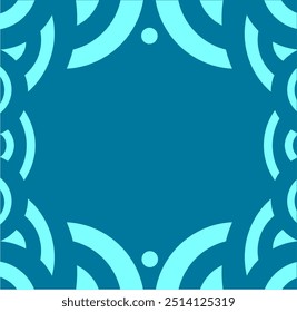 An abstract geometric design with a dark teal background, featuring curved and circular light blue shapes that frame the edges of the image. The pattern is symmetrical and creates a modern.