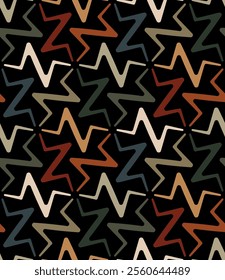 Abstract geometric design with a decorative mesh of multicolored thin zigzag lines on a black background in a retro vintage style. Seamless repeating pattern. Abstract vector illustration.