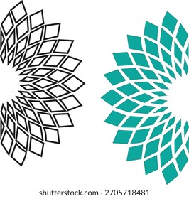 Diseño geométrico Abstractas con Formas de diamante que forman un patrón semicircular en remolino, que se muestra como un contorno negro y una versión rellena de verde azulado