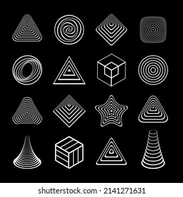 Abstract geometric design elements with 3D illusion effect. White icons on black background. Vector art.