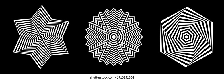 Abstract geometric design elements hexagon, star and circle on black background. Vector art.