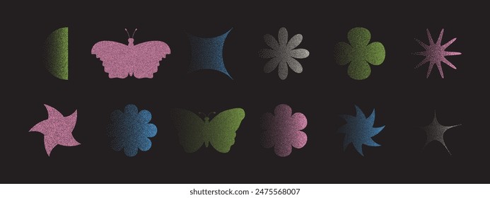 Abstract geometric design elements with noise stipple dots. Vector halftone and photocopy effect