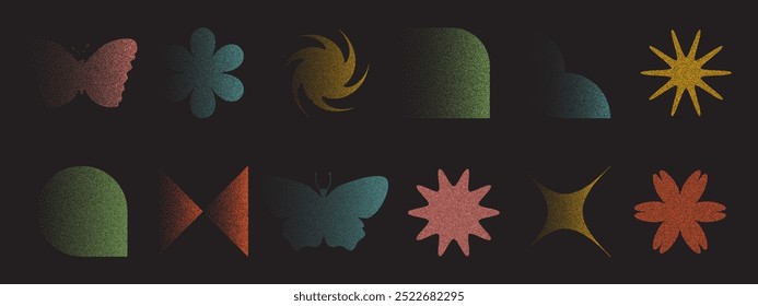 Elementos de design geométrico abstrato com pontos de fotocópia de ruído. Formas modernas em estilo retrô na moda. Meio-tom vetorial e efeito pontilhado