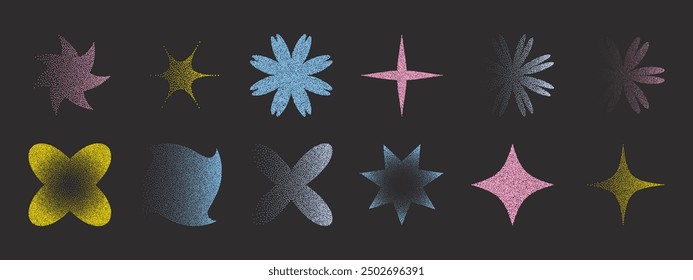 Abstract geometric design elements with photocopy effect. Modern shapes in trendy retro style. Vector noise grainy texture