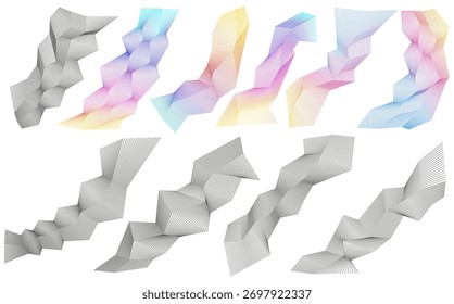 Elementos de design geométrico abstrato definidos com formas de gradiente e linha preta. Formulários modernos de wireframe 3D para design digital, visualização de dados, planos de fundo de tecnologia e composições mínimas criativas