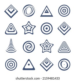 Abstract geometric design elements in triangle, star, circle and pyramidal shape. Vector art.