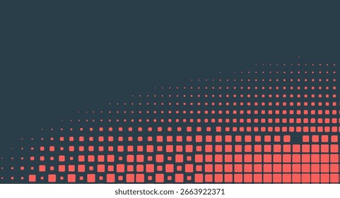 Abstract geometric design features a dark gray background with salmon colored squares and dots arranged in a gradient pattern, creating a visually striking composition