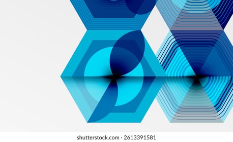 Abstract geometric design features layered hexagons, circles, lines. Blue shades dominate composition, creating modern, dynamic visual effect. Minimalist style.