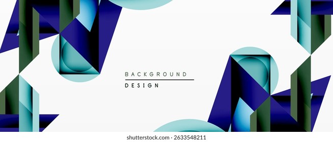 Abstract geometric design features layered shapes, gradients. Blue, teal, green hues create modern aesthetic. Minimalist composition suits backgrounds, presentations. Clean lines define forms.
