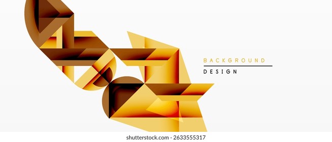 Abstract geometric design features layered polygonal shapes. Warm gold, brown hues create dynamic composition against white backdrop. Modern aesthetic, suitable for backgrounds.