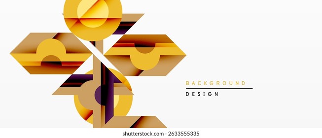 Abstract geometric design features layered golden shapes. Overlapping circles, rectangles create dynamic composition. Minimalist style, modern aesthetic, suitable background element.
