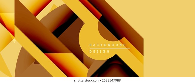 Abstract geometric design features overlapping layers, warm color palette. Yellows, oranges, browns create dynamic visual texture. Modern aesthetic suitable for backgrounds, presentations.
