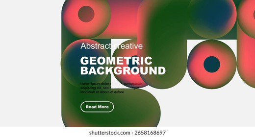 El diseño geométrico Abstractas presenta círculos coloridos superpuestos, texto y Botón. Estilo moderno, colores vibrantes, diseño simple.