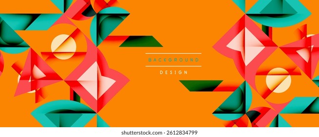 Abstract geometric design features vibrant orange backdrop. Red, teal shapes overlap creating dynamic composition. Circles, squares, triangles form modern pattern. Minimalist style.