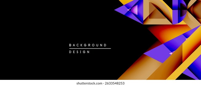 Abstract geometric design features vibrant polygonal shapes. Orange, purple, gold hues create dynamic contrast against black background. Modern, stylish visual element.