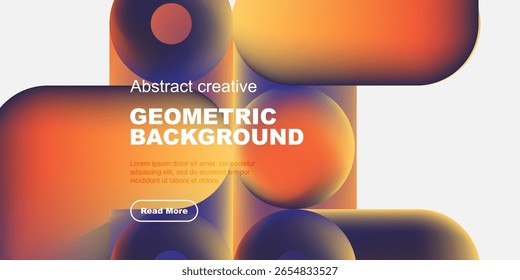 O design geométrico abstrato apresenta gradientes vibrantes, formas arredondadas, sobreposição de texto, botão. Estética moderna, adequada para projetos digitais.