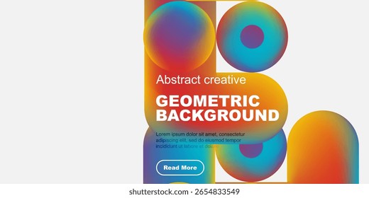 El diseño geométrico Abstractas presenta círculos vibrantes superpuestos, texto y Botón. Estilo moderno adecuado para fondos, presentaciones.
