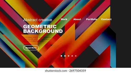 El diseño geométrico Abstractas presenta líneas diagonales vibrantes, superposición de texto, Botón. Concepto de cabecera de Sitio web moderno con bordes oscuros.