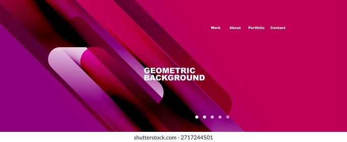 Abstract geometric design features vibrant layers, gradients. Text includes work, about, portfolio, contact. Modern aesthetic.