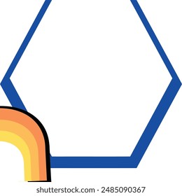 Abstract geometric design featuring a blue hexagon with a colorful rainbow arc. Ideal for backgrounds, digital designs, rainbow themed concepts.